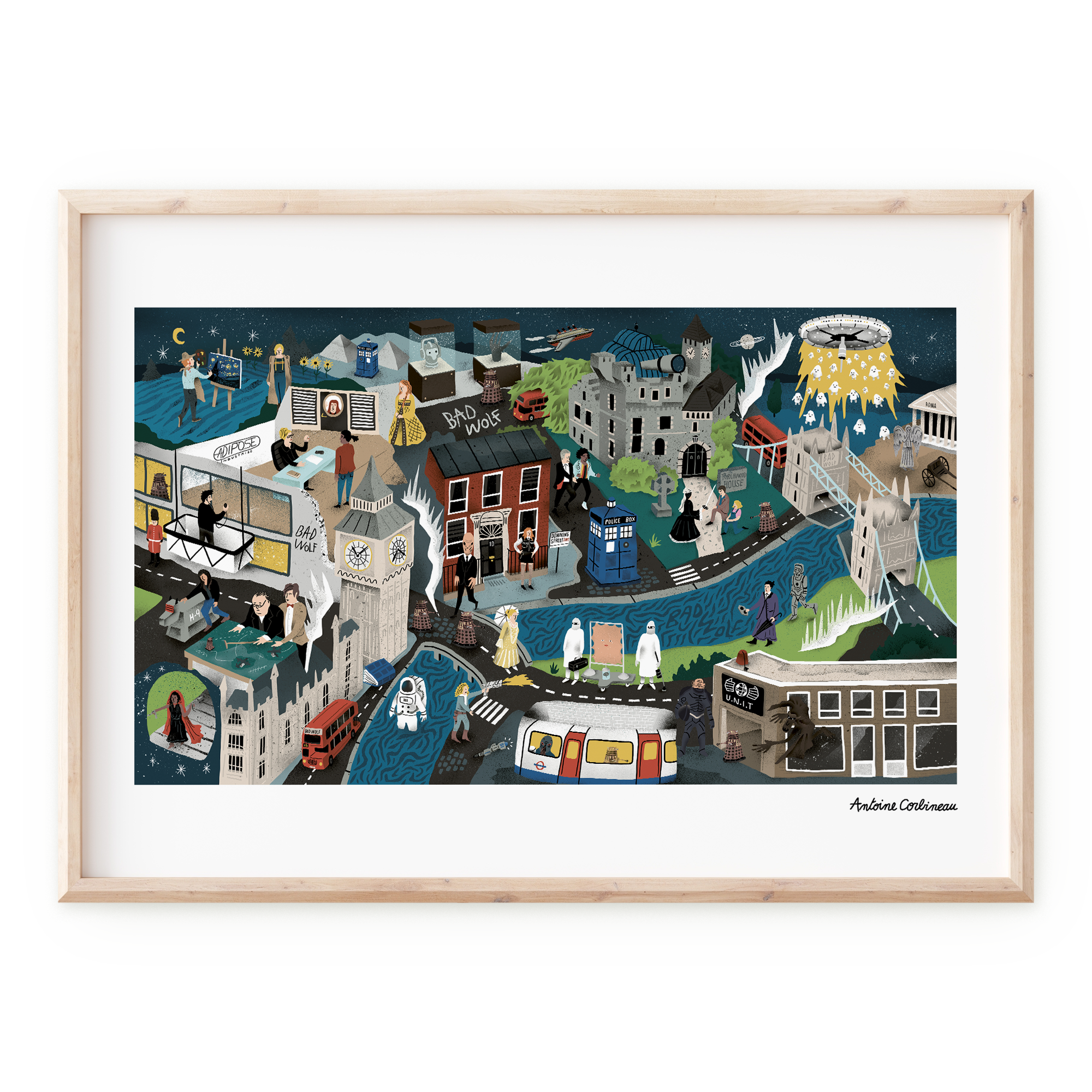 Affiche illustrée colorée et pleine de détails inspirée de la série culte Doctor Who, avec le TARDIS, le Docteur et ses compagnons, dans un univers de science-fiction graphique et poétique.