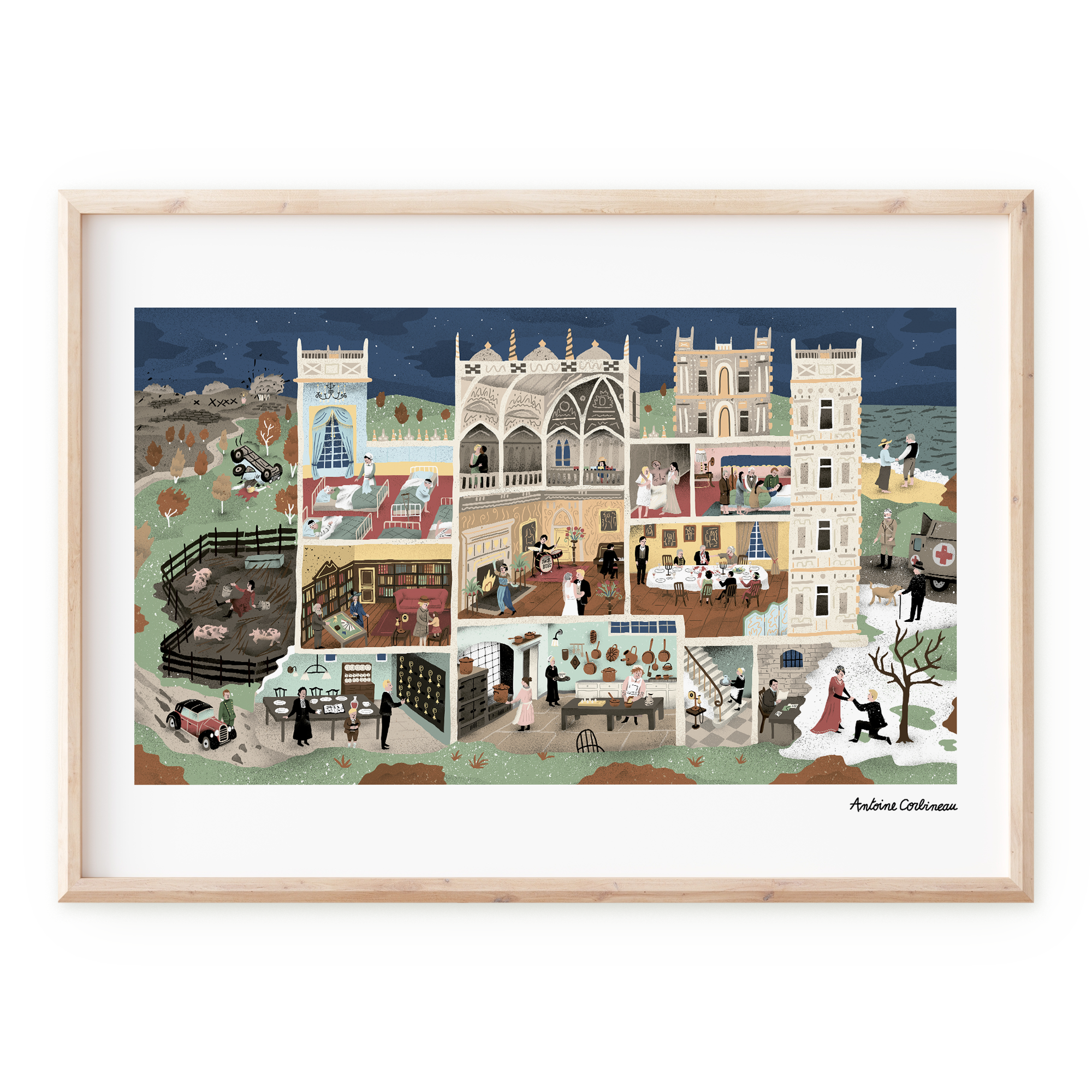 Affiche illustrée détaillée inspirée de la série culte Downton Abbey, représentant la famille Crawley et les domestiques dans le manoir, avec des éléments d’époque et un style graphique riche en détails.