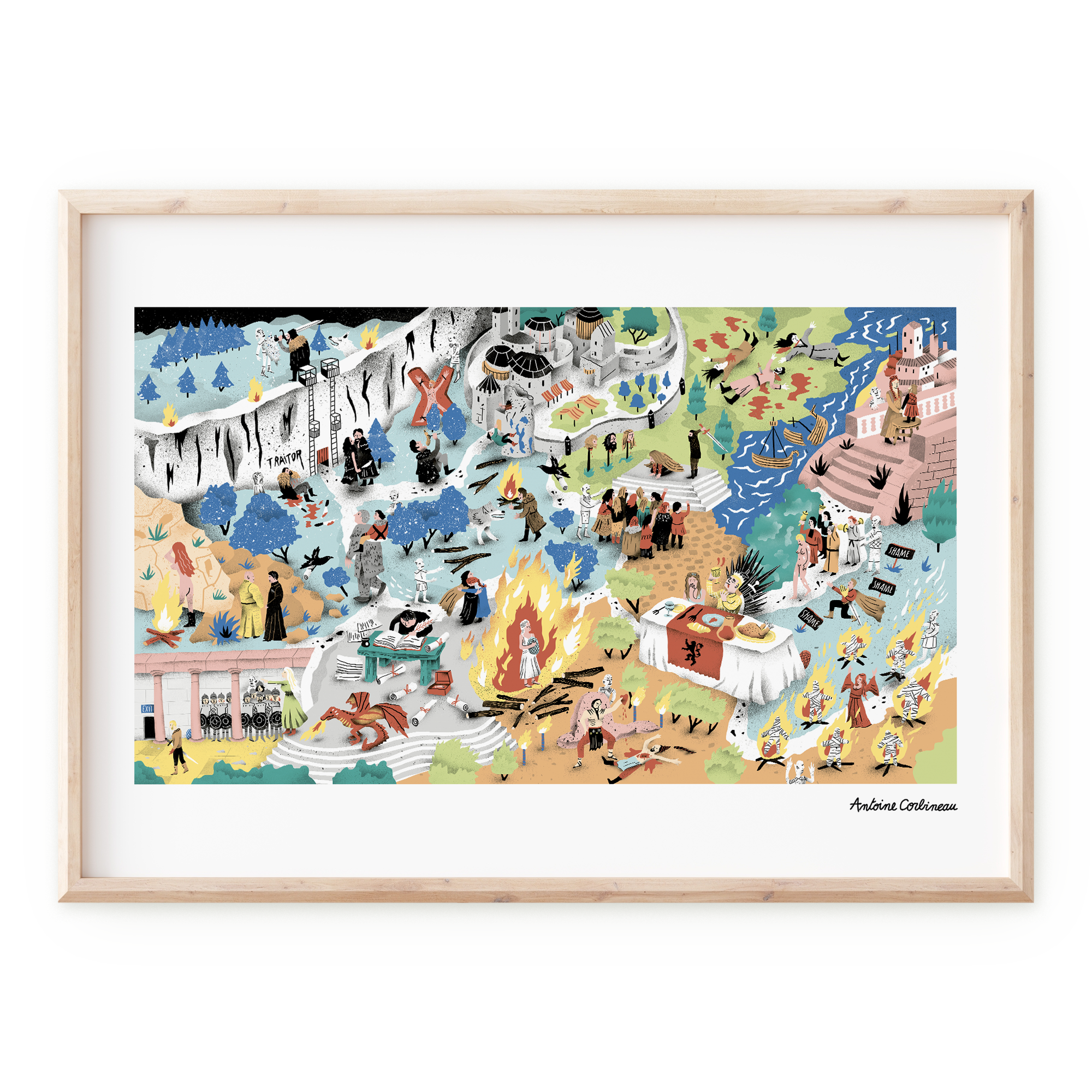 Affiche illustrée détaillée inspirée de la série culte Game of Thrones, représentant les personnages emblématiques et les maisons nobles, avec des dragons, des châteaux et un style graphique riche en détails.