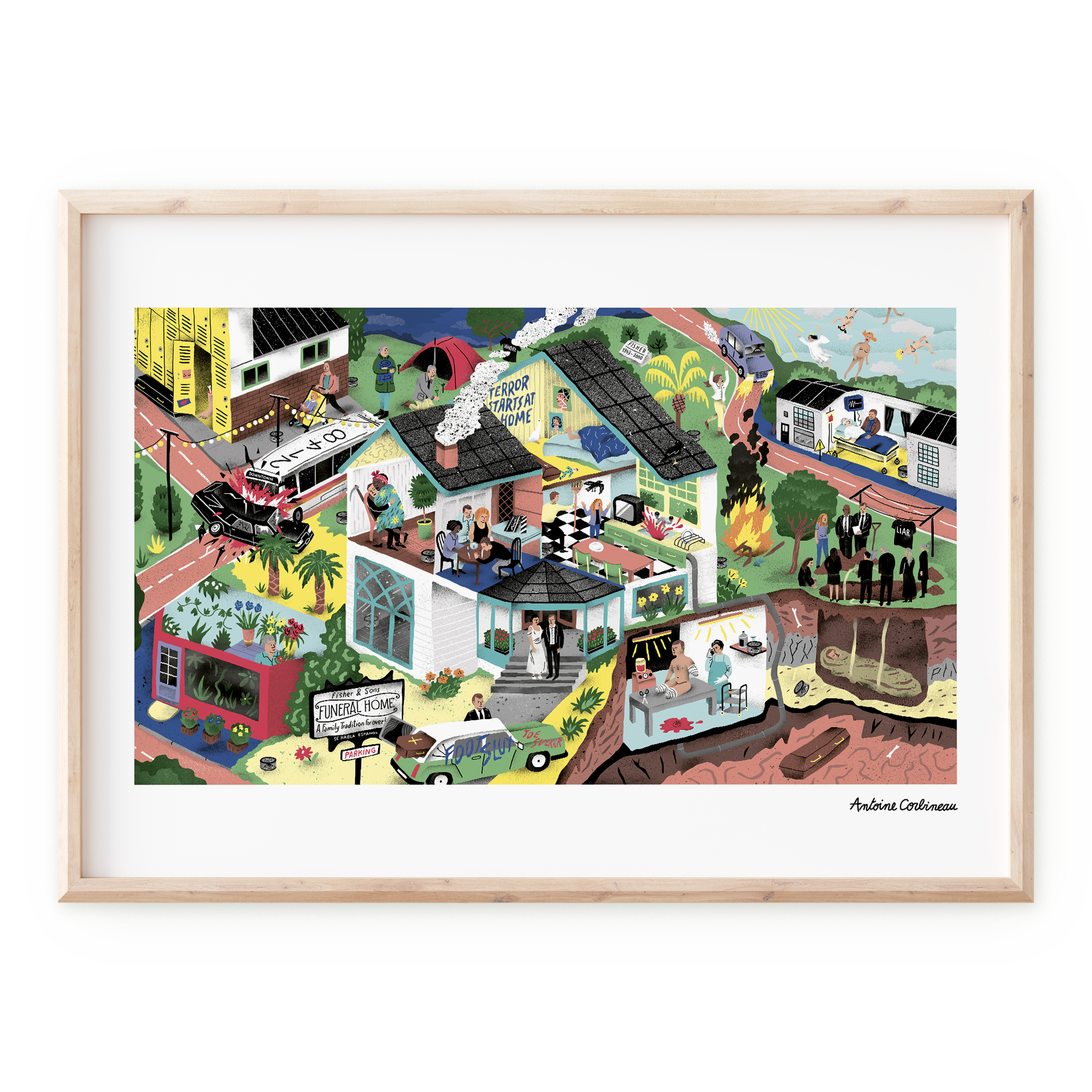 Affiche illustrée détaillée inspirée de la série culte Six Feet Under, représentant la famille Fisher et l’univers des pompes funèbres, avec un style graphique riche en détails et symboles de vie et de mort.