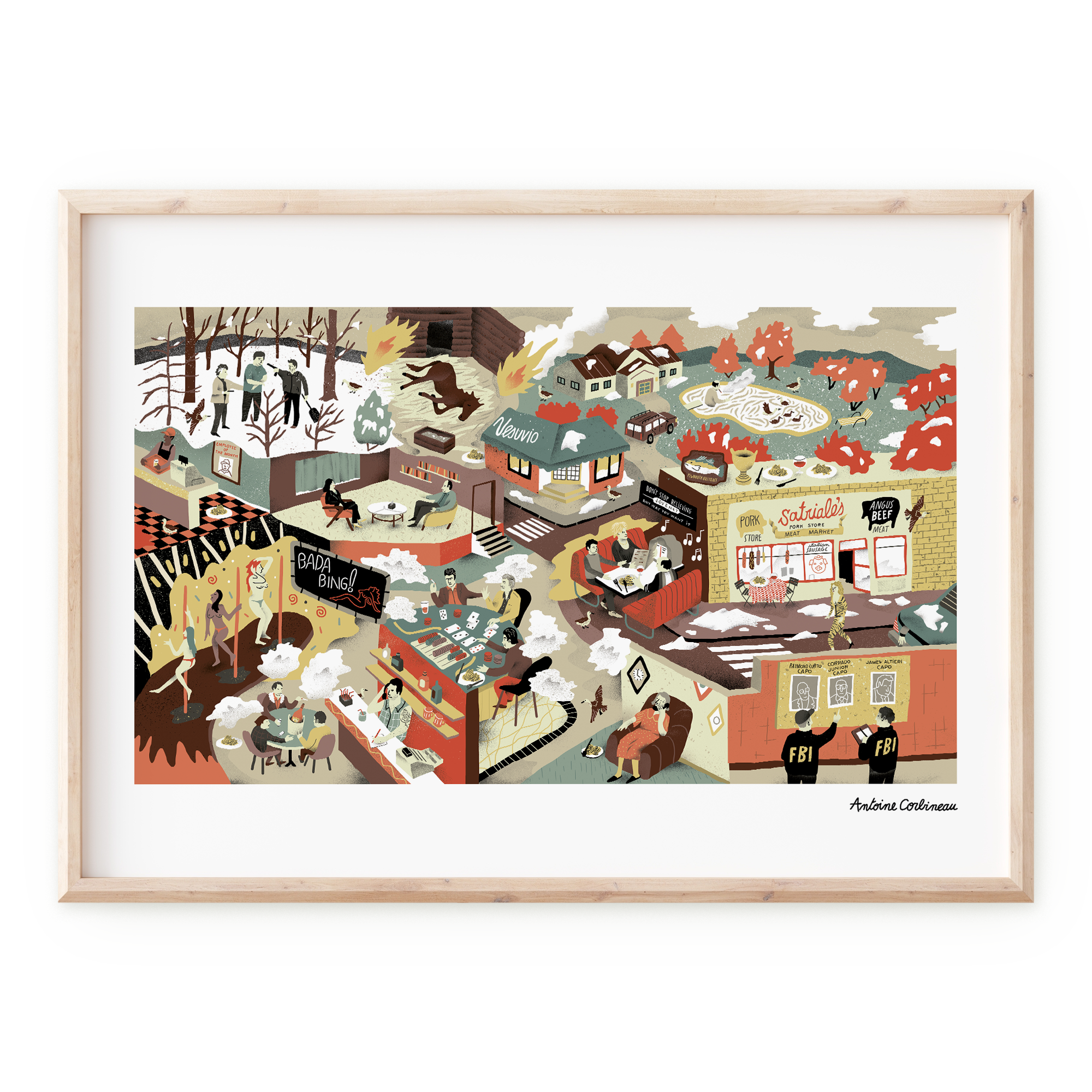 Affiche illustrée colorée et pleine de détails sur la série culte Les Soprano, avec Tony Soprano, sa famille et des symboles de la mafia italienne du New Jersey, dessin artistique de style graphique.