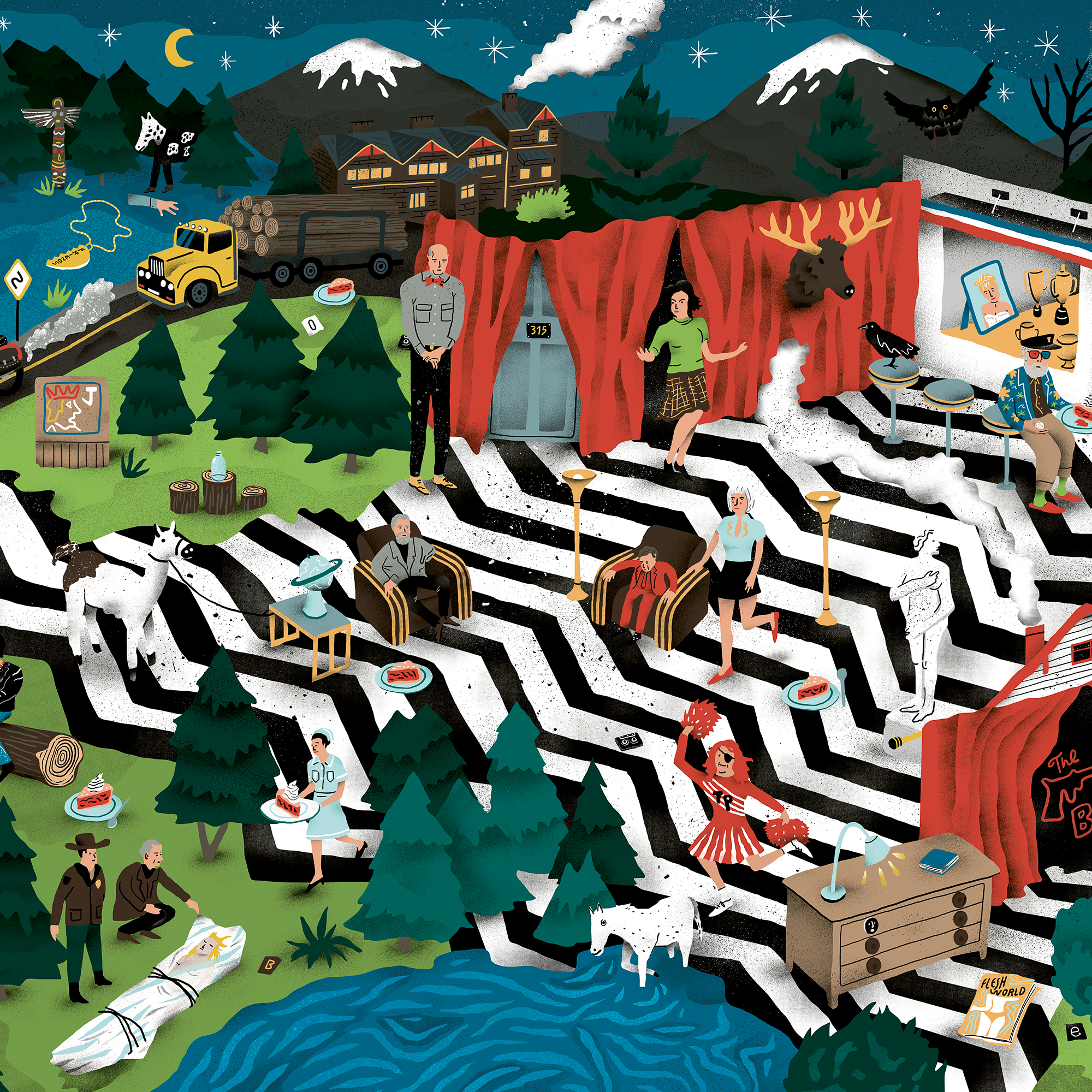 Affiche illustrée détaillée inspirée de la série culte Twin Peaks, avec les personnages principaux, la ville mystérieuse et des éléments étranges et surnaturels, dans un style graphique coloré et énigmatique.