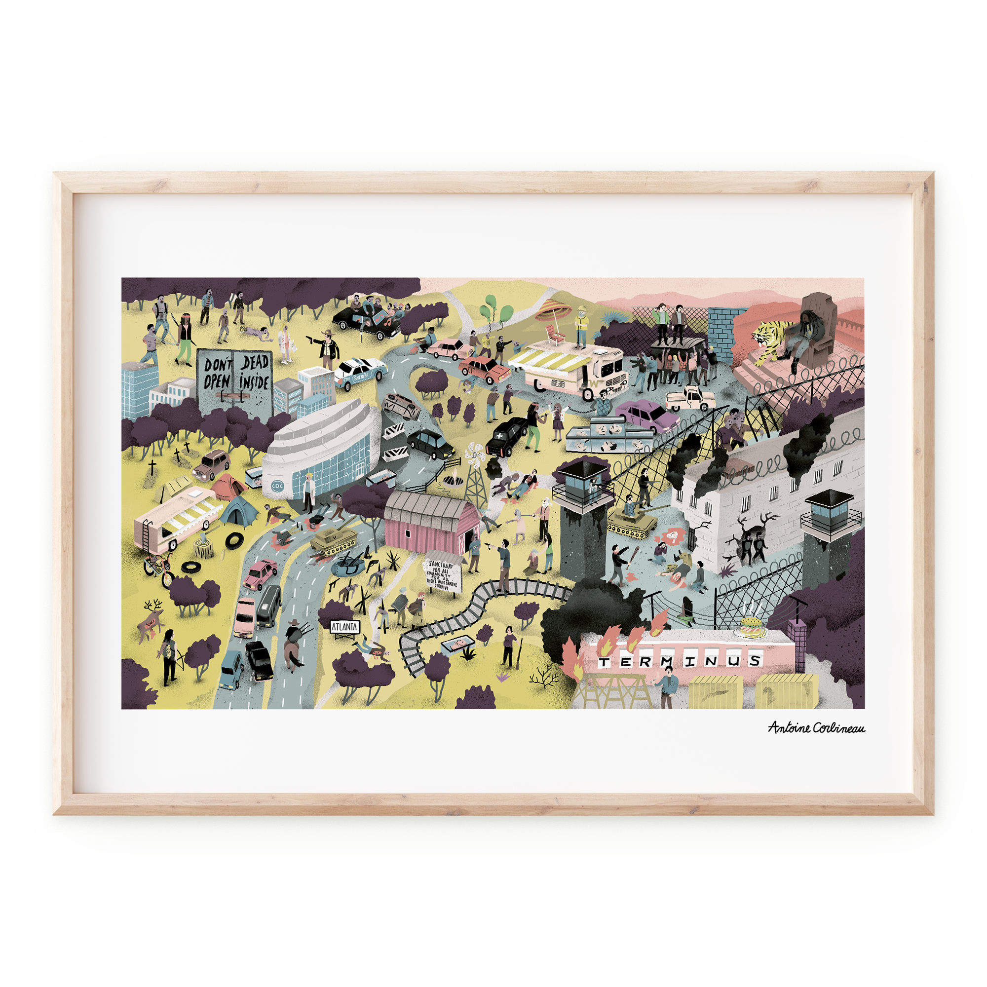 Affiche illustrée détaillée inspirée de la série culte The Walking Dead, représentant les survivants dans un monde post-apocalyptique peuplé de zombies, avec un style graphique sombre et riche en détails.