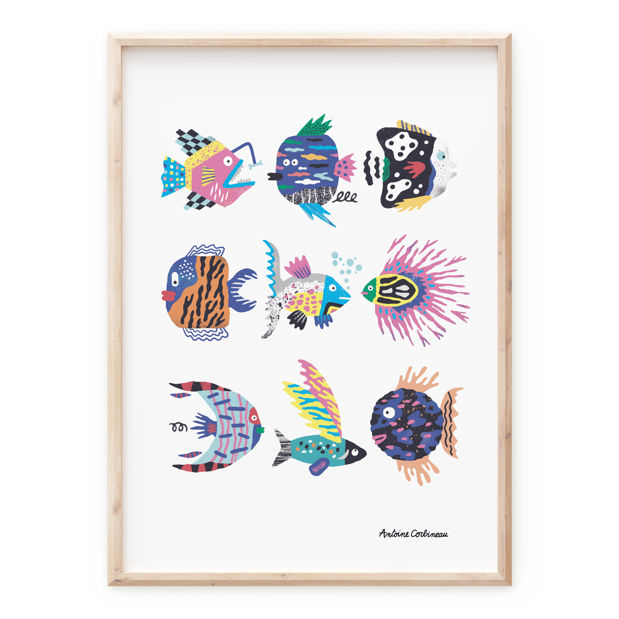 Affiche Weird Fishes par Antoine Corbineau, poissons imaginaires colorés illustrés