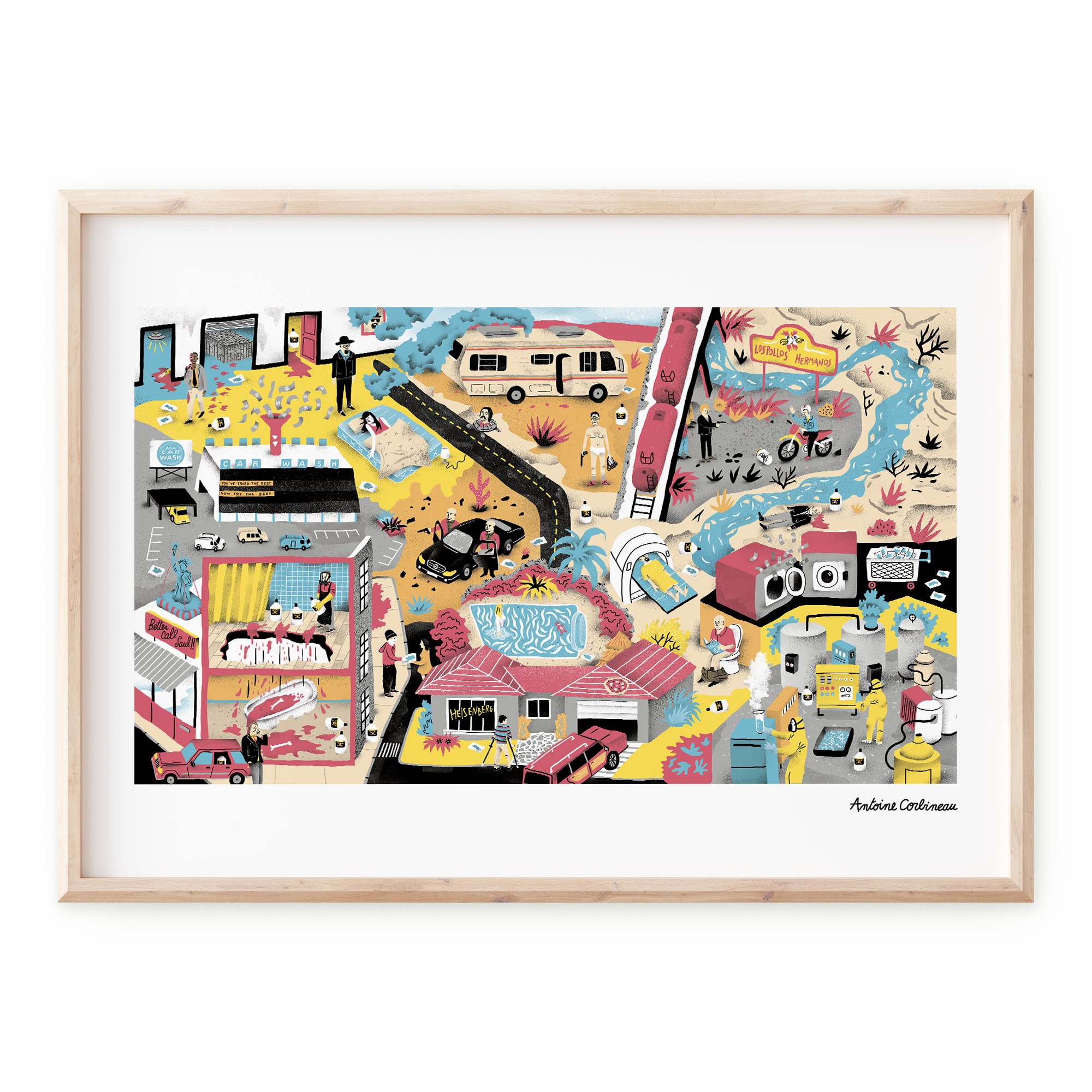 Affiche illustrée détaillée inspirée de la série culte Breaking Bad, avec Walter White et Jesse Pinkman, symboles de chimie et scènes emblématiques, dans un style graphique coloré et dramatique.