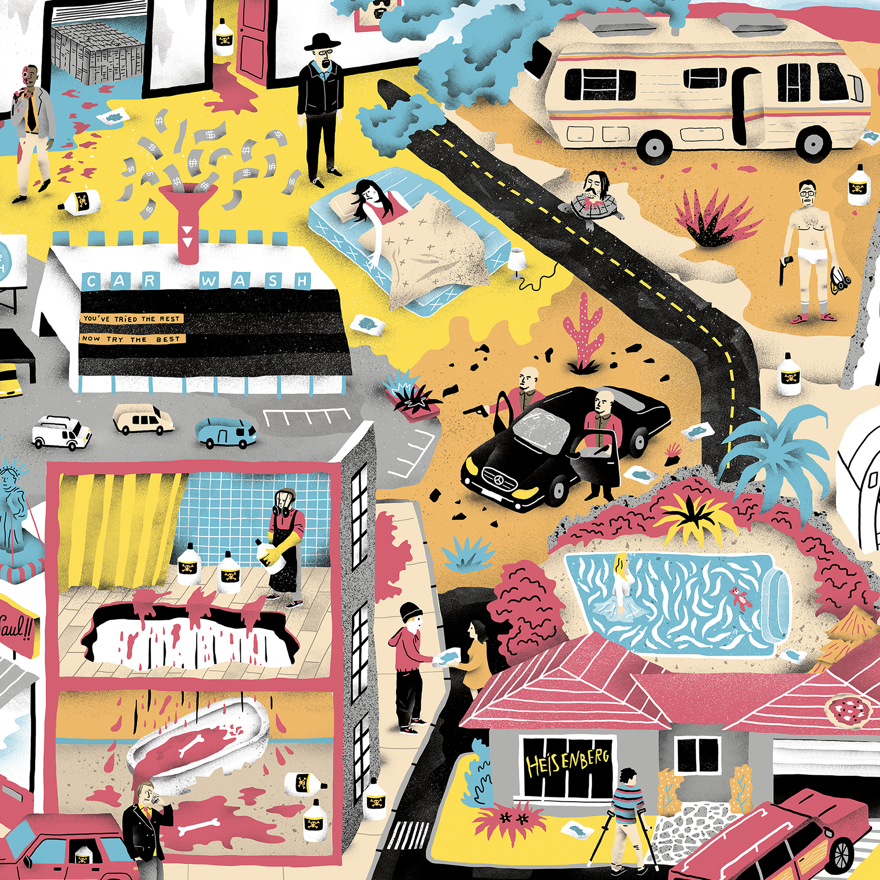 Affiche illustrée détaillée inspirée de la série culte Breaking Bad, avec Walter White et Jesse Pinkman, symboles de chimie et scènes emblématiques, dans un style graphique coloré et dramatique.