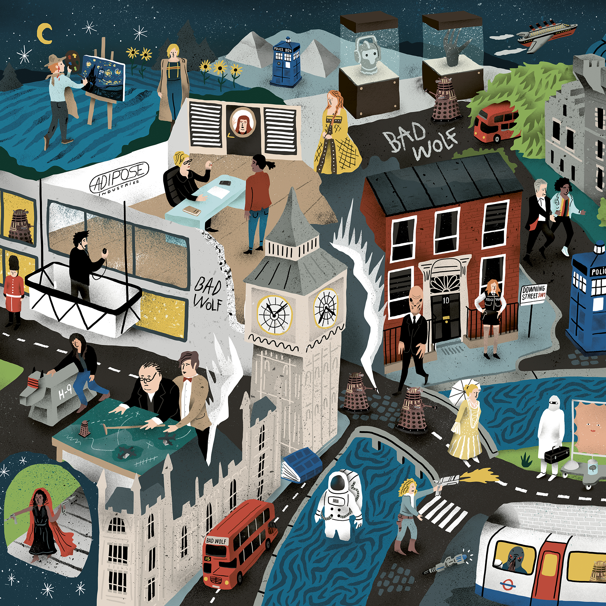 Affiche illustrée colorée et pleine de détails inspirée de la série culte Doctor Who, avec le TARDIS, le Docteur et ses compagnons, dans un univers de science-fiction graphique et poétique.