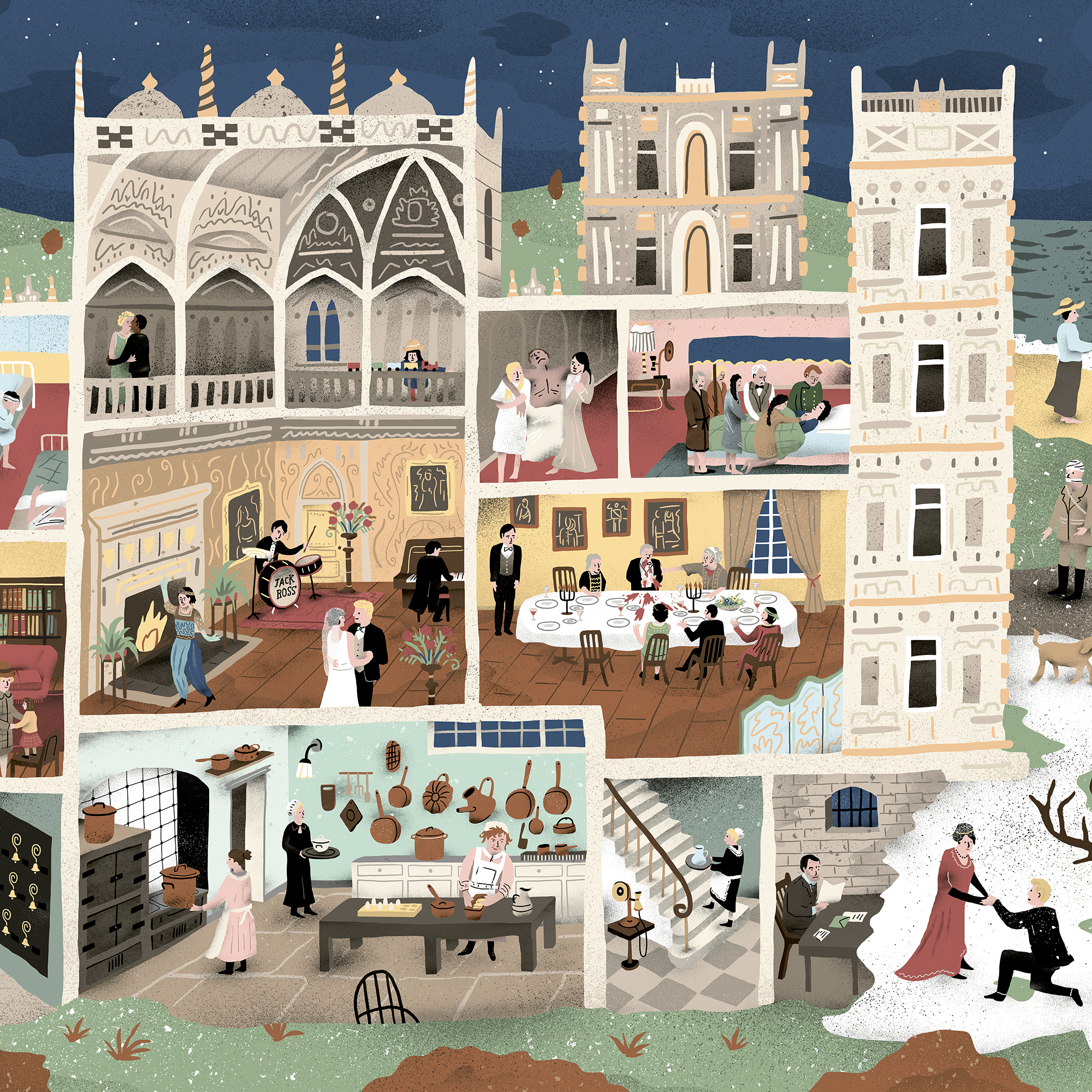 Affiche illustrée détaillée inspirée de la série culte Downton Abbey, représentant la famille Crawley et les domestiques dans le manoir, avec des éléments d’époque et un style graphique riche en détails.