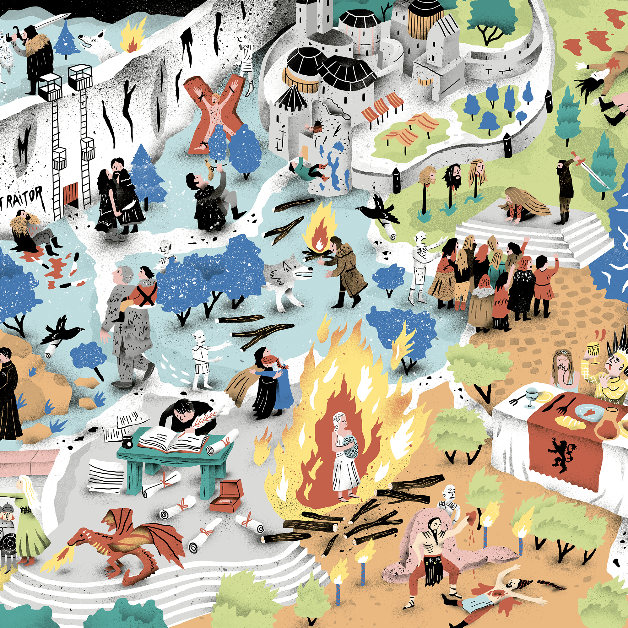 Affiche illustrée détaillée inspirée de la série culte Game of Thrones, représentant les personnages emblématiques et les maisons nobles, avec des dragons, des châteaux et un style graphique riche en détails.