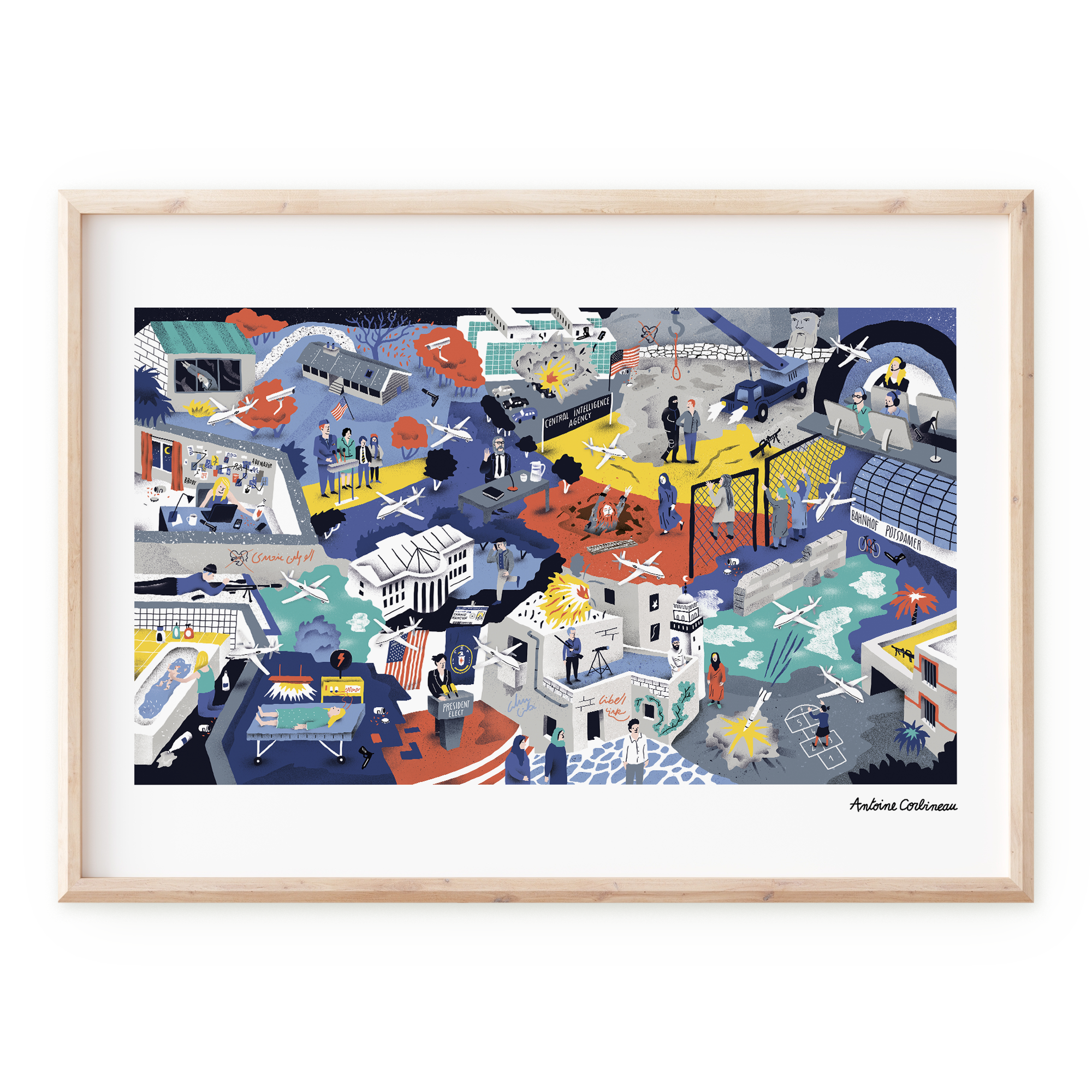 Affiche illustrée détaillée inspirée de la série culte Homeland, représentant Carrie Mathison et Nicholas Brody avec des éléments de tension, d’espionnage et de politique, dans un style graphique coloré.