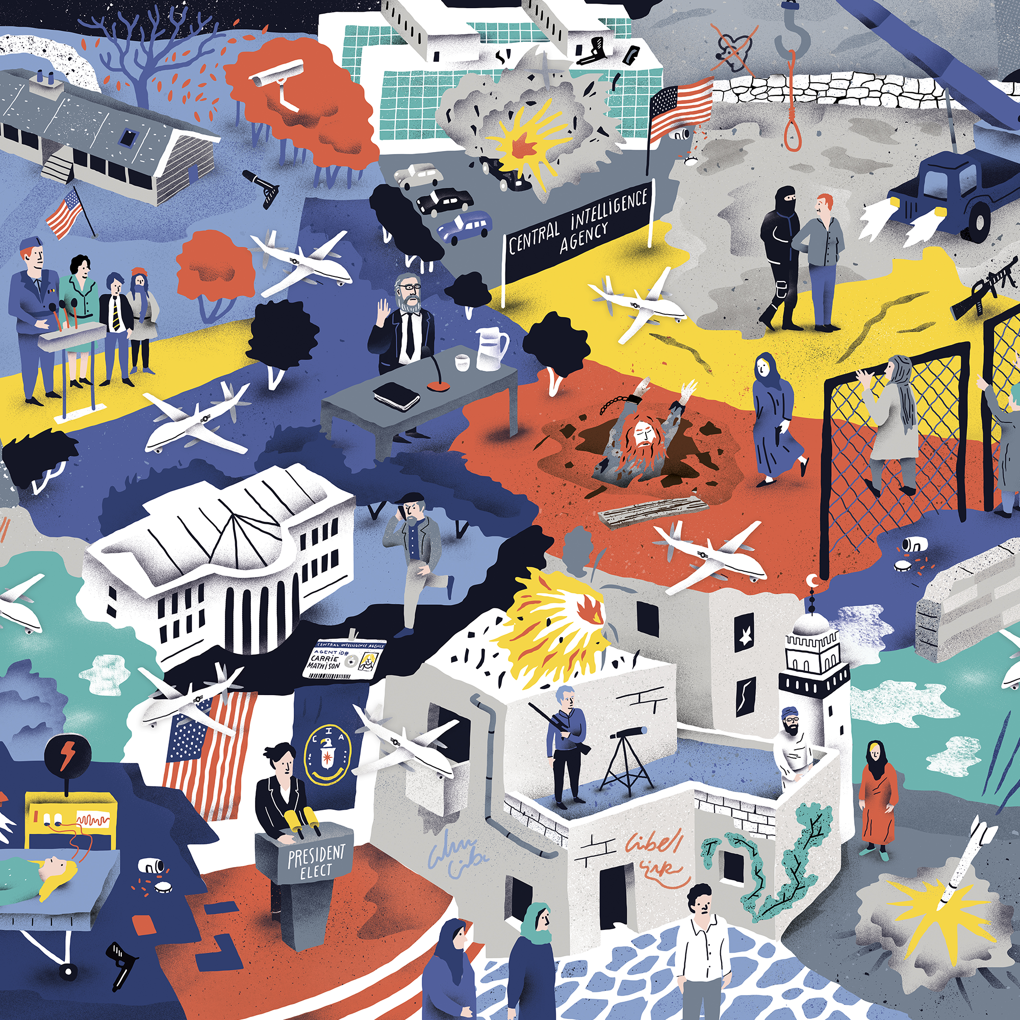 Affiche illustrée détaillée inspirée de la série culte Homeland, représentant Carrie Mathison et Nicholas Brody avec des éléments de tension, d’espionnage et de politique, dans un style graphique coloré.