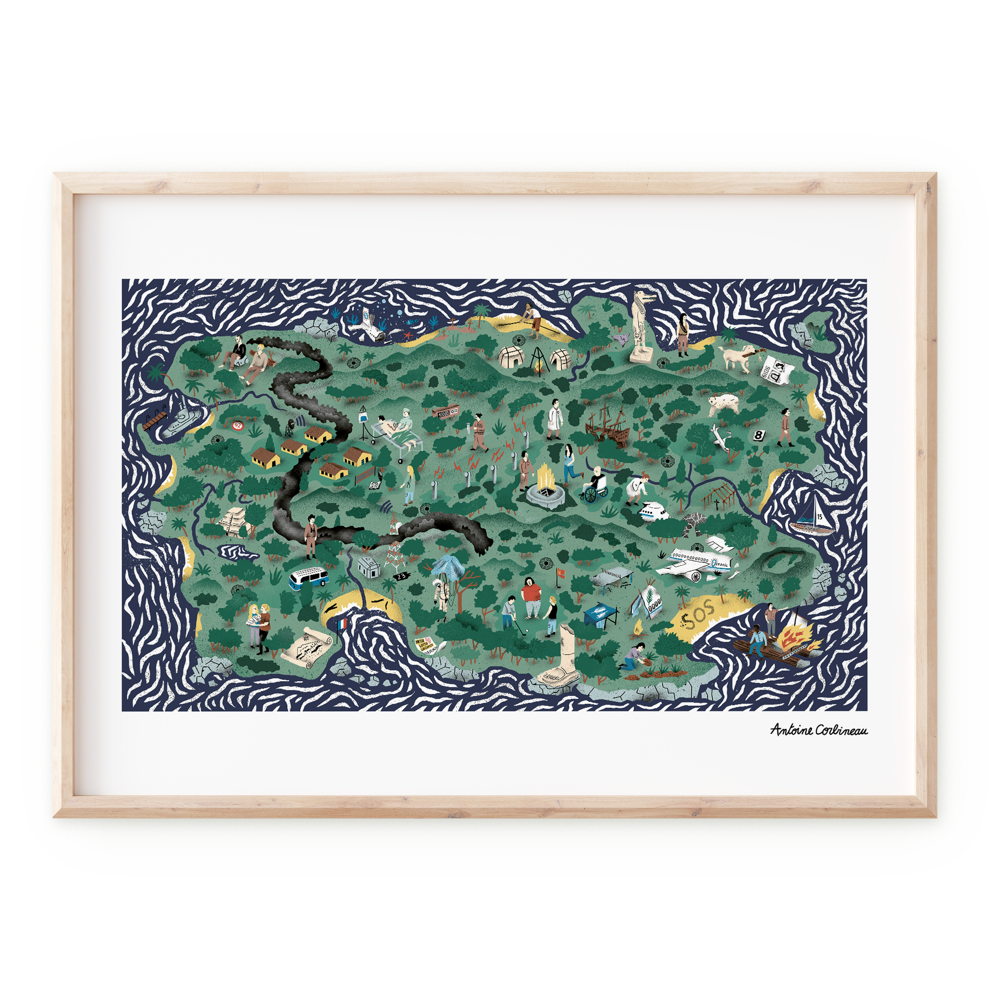 Affiche illustrée détaillée inspirée de la série culte Lost, avec les survivants du vol Oceanic 815, la jungle mystérieuse et des symboles de l’île, dans un style graphique coloré et narratif.