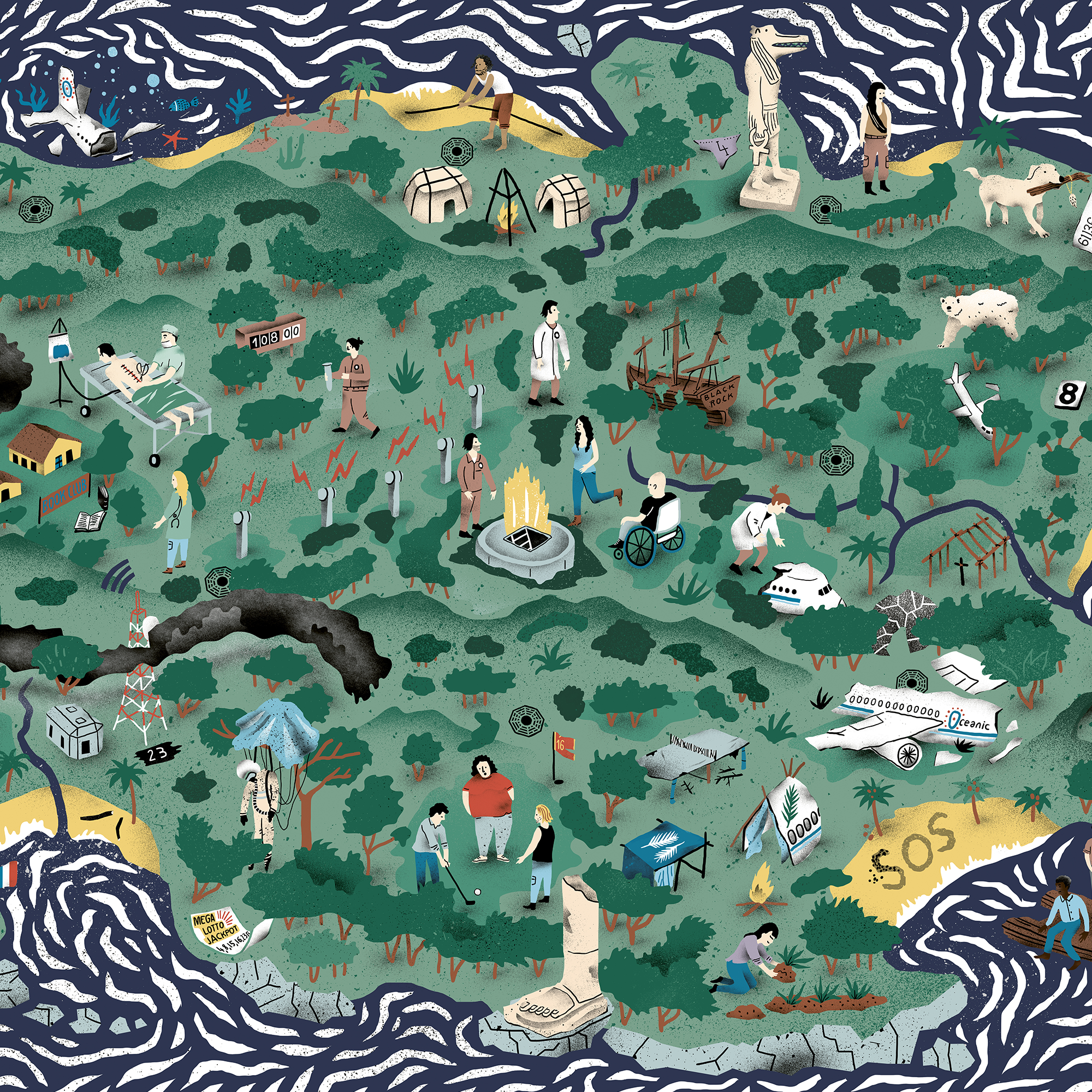 Affiche illustrée détaillée inspirée de la série culte Lost, avec les survivants du vol Oceanic 815, la jungle mystérieuse et des symboles de l’île, dans un style graphique coloré et narratif.