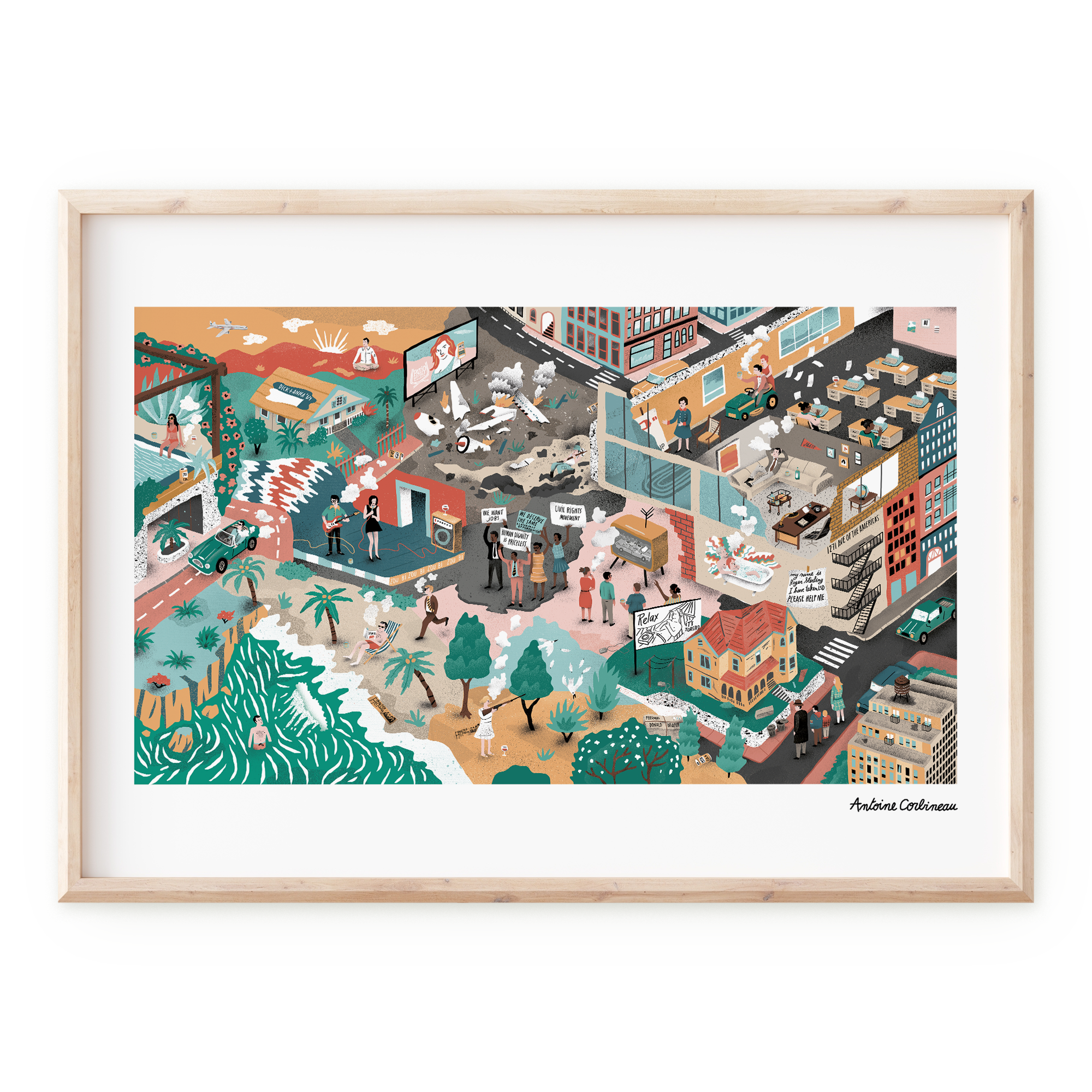 Affiche illustrée détaillée inspirée de la série culte Mad Men, représentant Don Draper et l’équipe de publicité dans les années 1960, avec des éléments graphiques rétro et élégants.