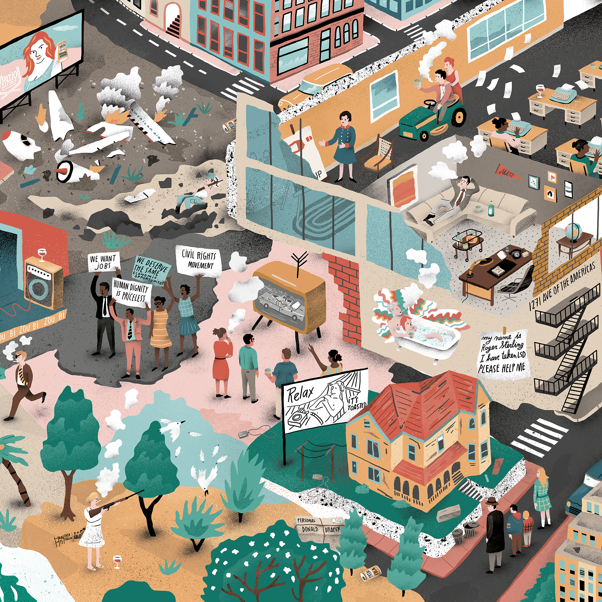 Affiche illustrée détaillée inspirée de la série culte Mad Men, représentant Don Draper et l’équipe de publicité dans les années 1960, avec des éléments graphiques rétro et élégants.