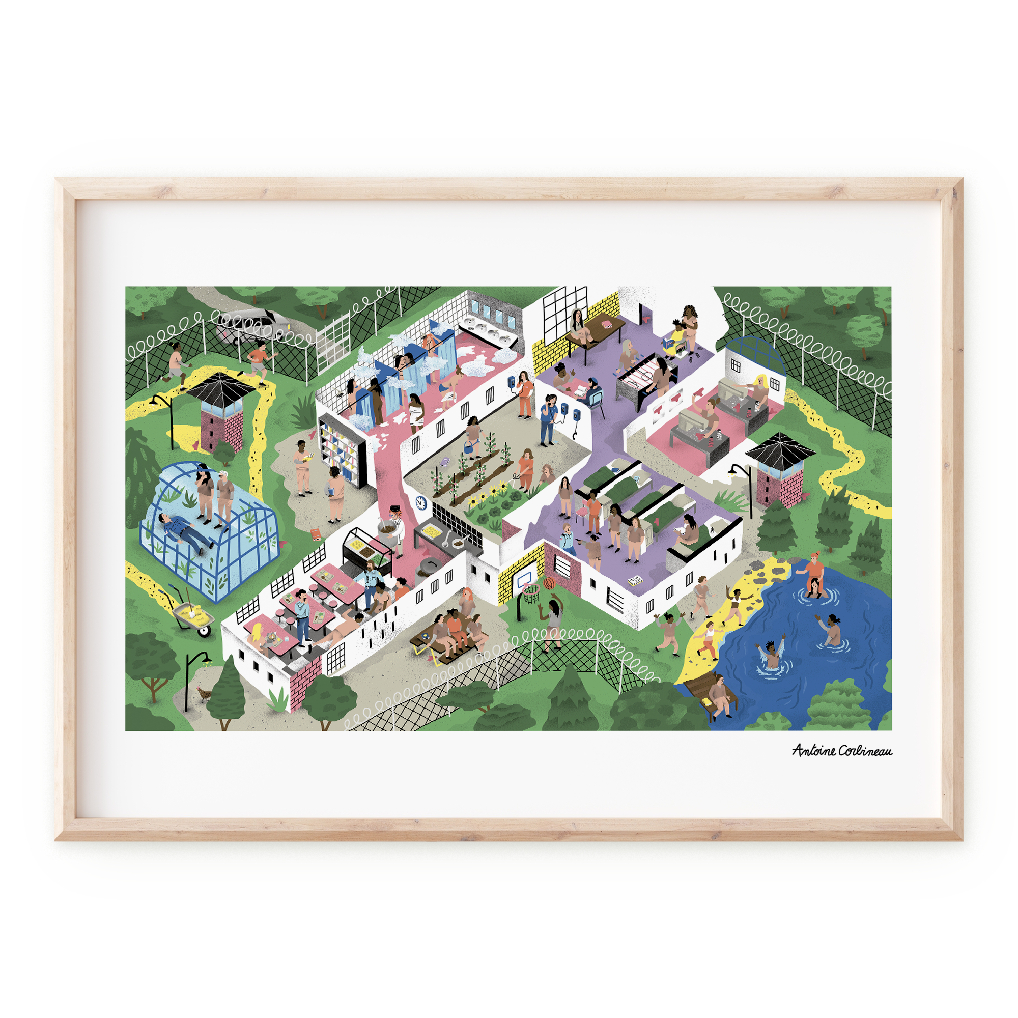 Affiche illustrée pleine de détails sur la série culte Orange Is the New Black, avec les détenues de la prison de Litchfield, scènes humoristiques et références colorées dans un style graphique artistique.