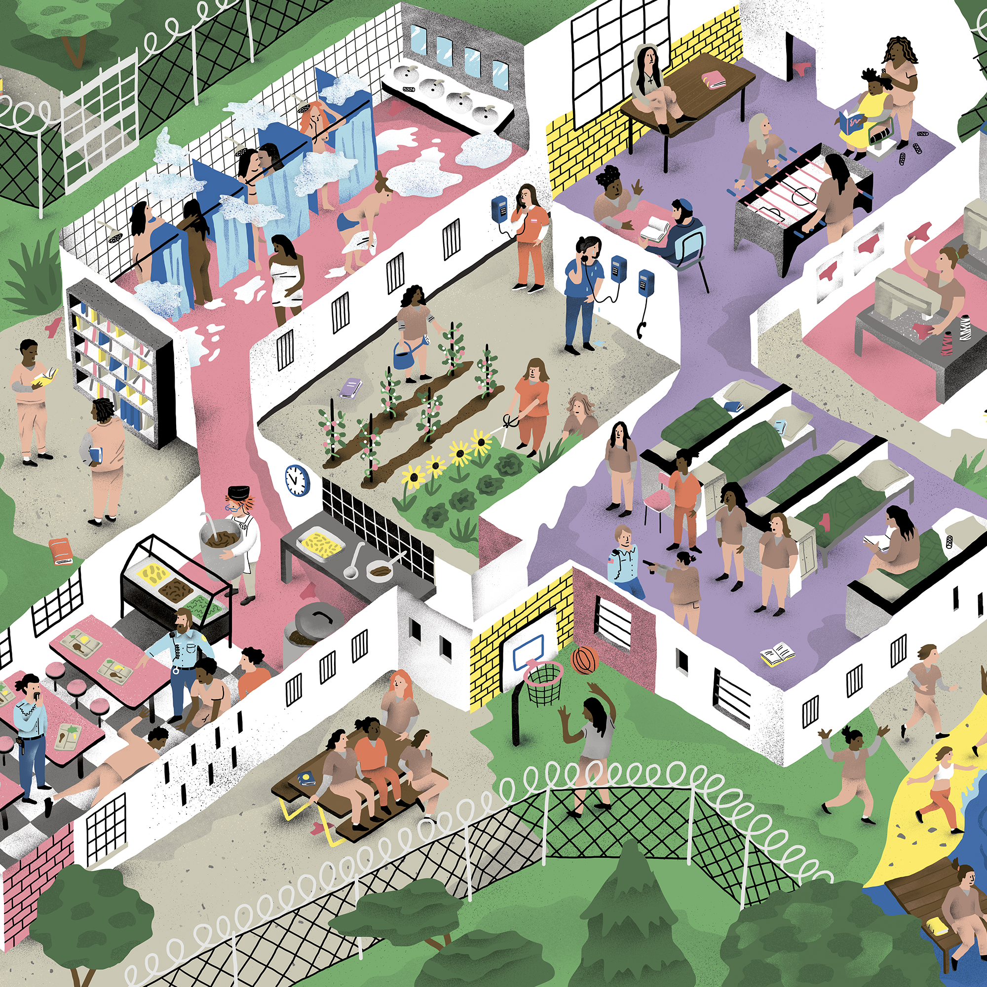 Affiche illustrée pleine de détails sur la série culte Orange Is the New Black, avec les détenues de la prison de Litchfield, scènes humoristiques et références colorées dans un style graphique artistique.