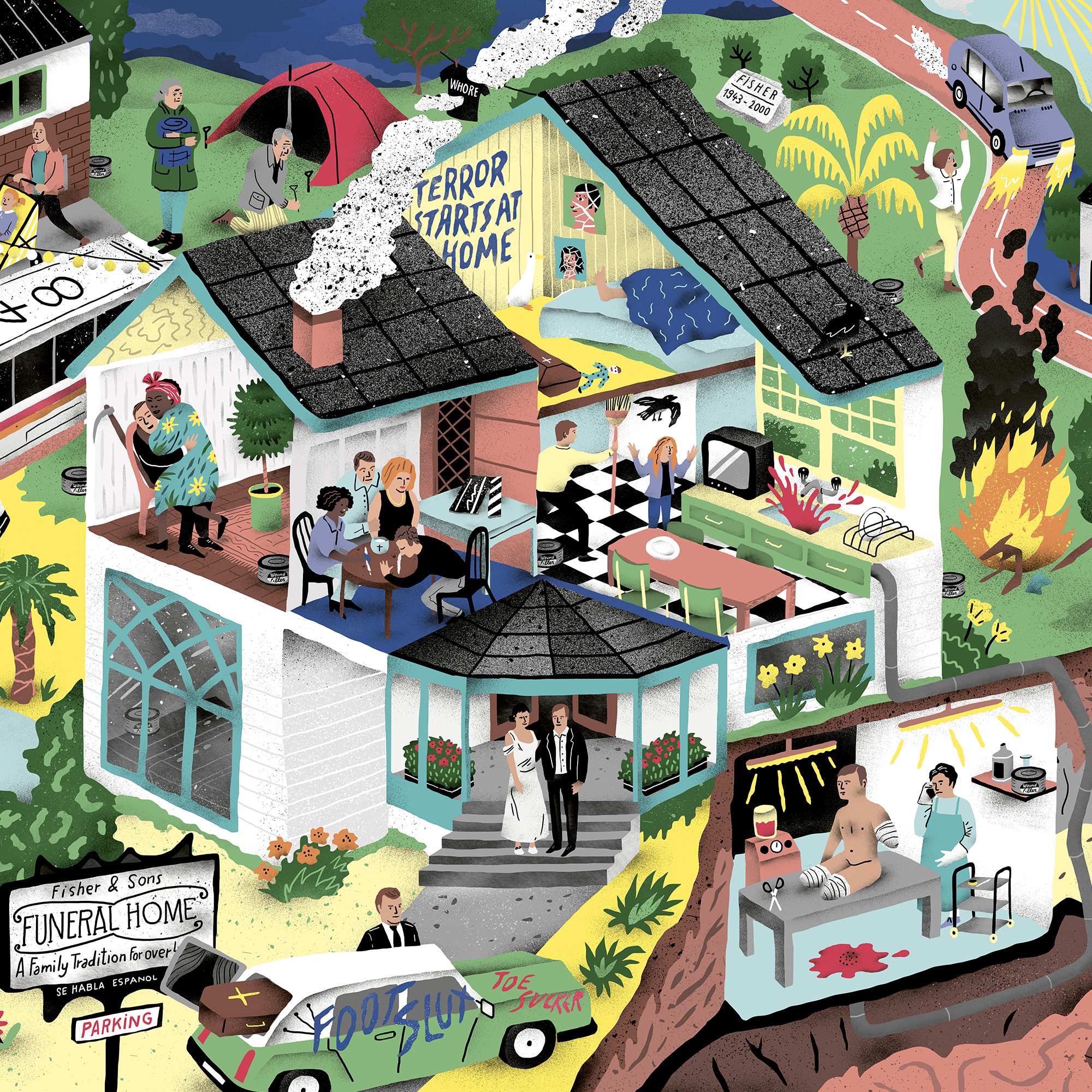 Affiche illustrée détaillée inspirée de la série culte Six Feet Under, représentant la famille Fisher et l’univers des pompes funèbres, avec un style graphique riche en détails et symboles de vie et de mort.