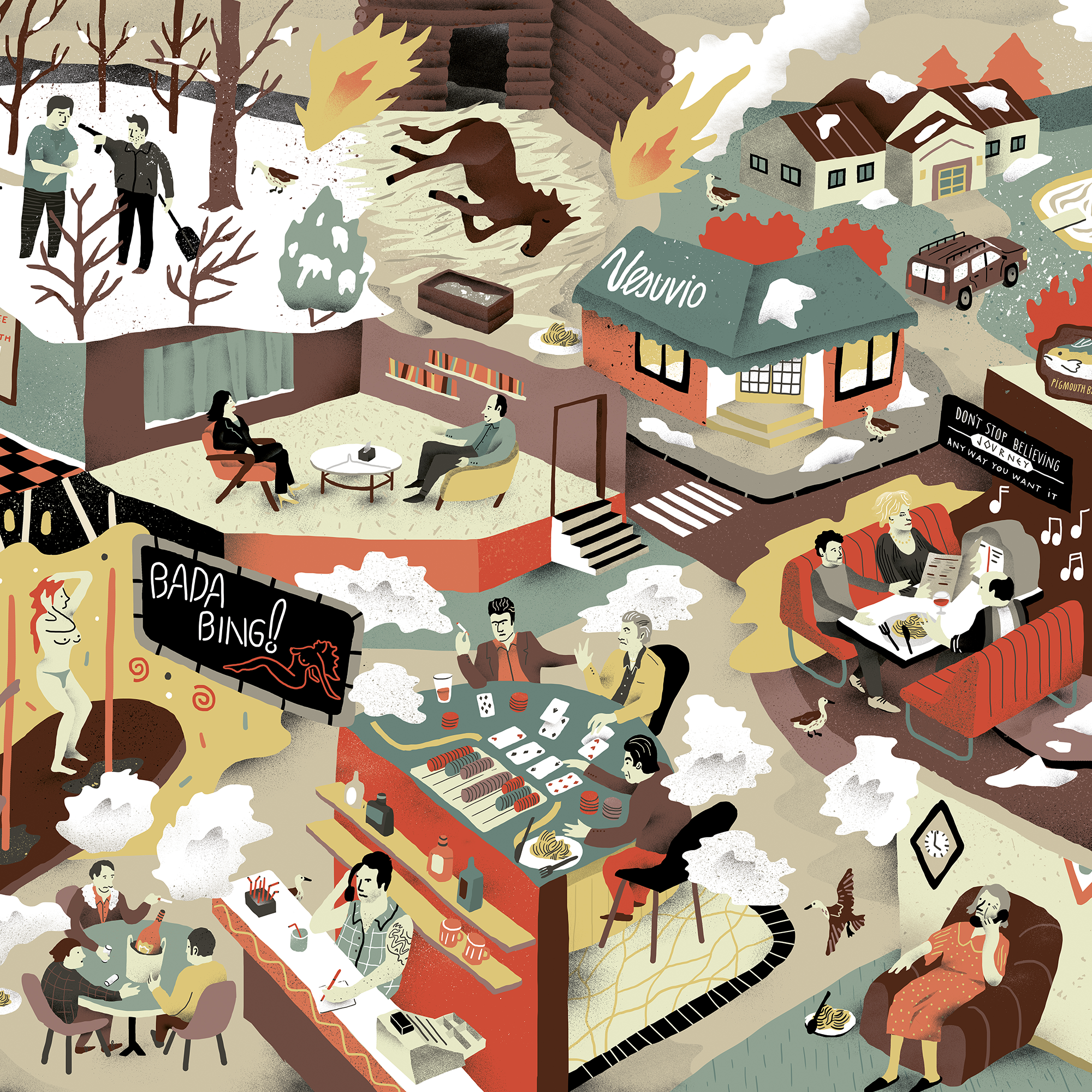 Affiche illustrée colorée et pleine de détails sur la série culte Les Soprano, avec Tony Soprano, sa famille et des symboles de la mafia italienne du New Jersey, dessin artistique de style graphique.