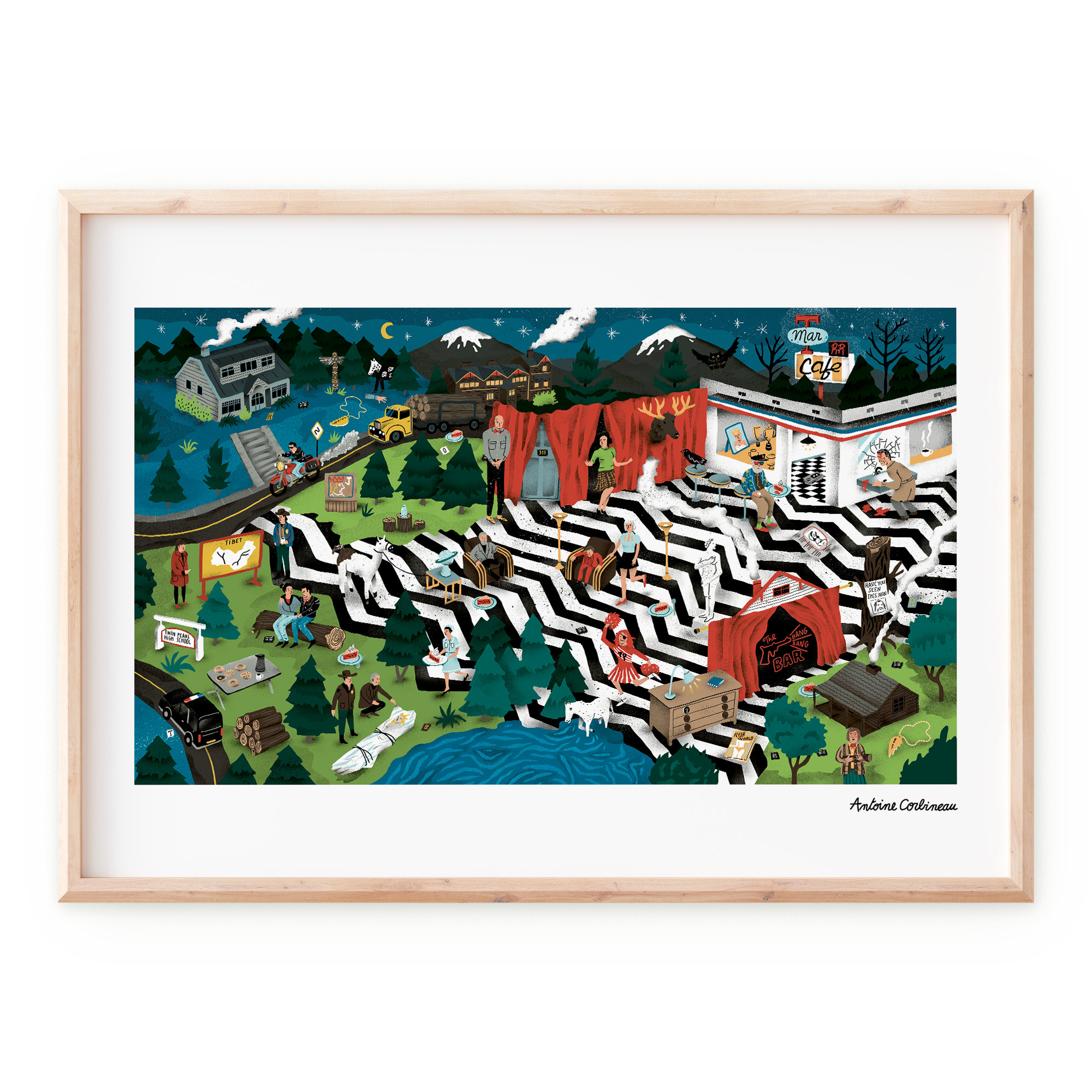 Affiche illustrée détaillée inspirée de la série culte Twin Peaks, avec les personnages principaux, la ville mystérieuse et des éléments étranges et surnaturels, dans un style graphique coloré et énigmatique.