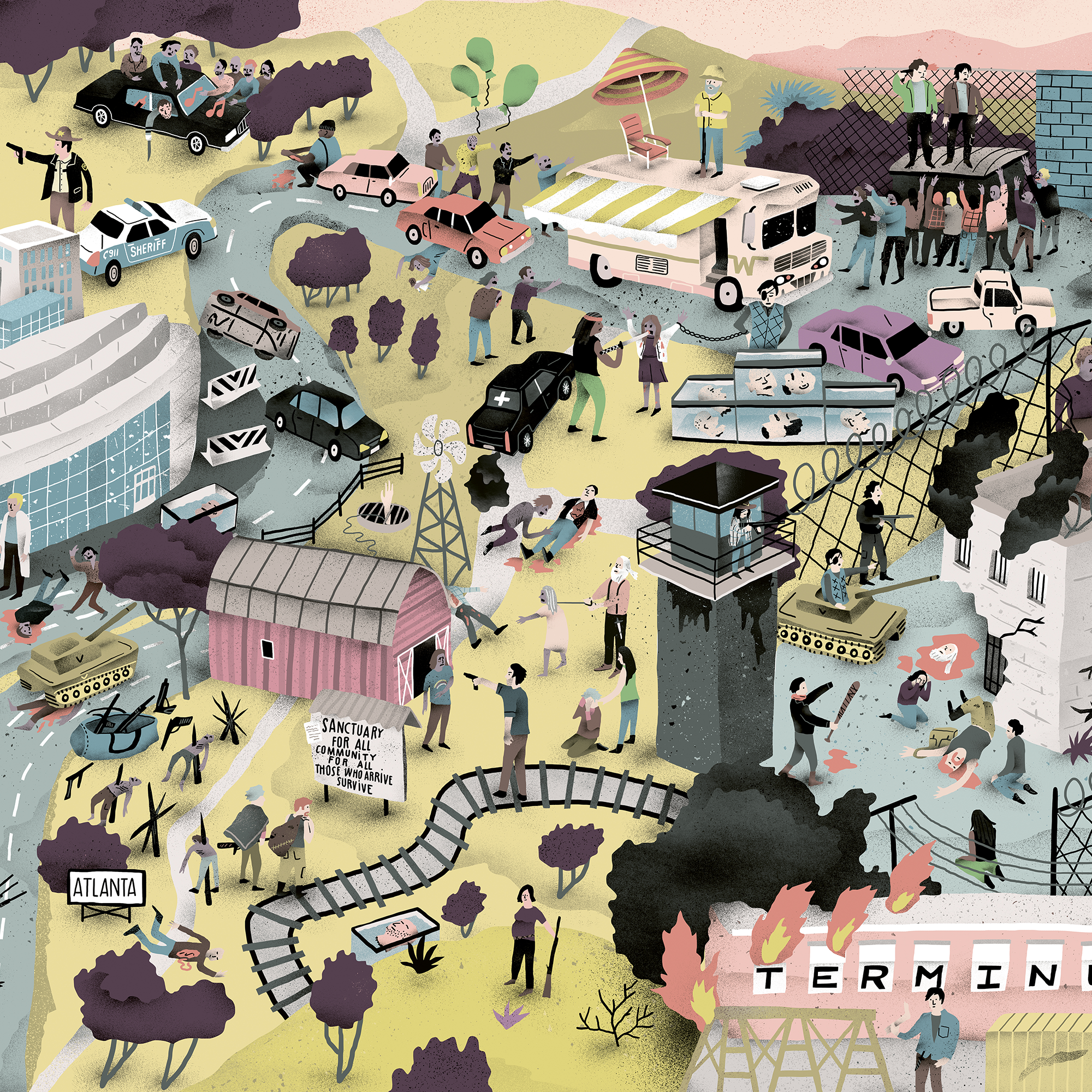 Affiche illustrée détaillée inspirée de la série culte The Walking Dead, représentant les survivants dans un monde post-apocalyptique peuplé de zombies, avec un style graphique sombre et riche en détails.