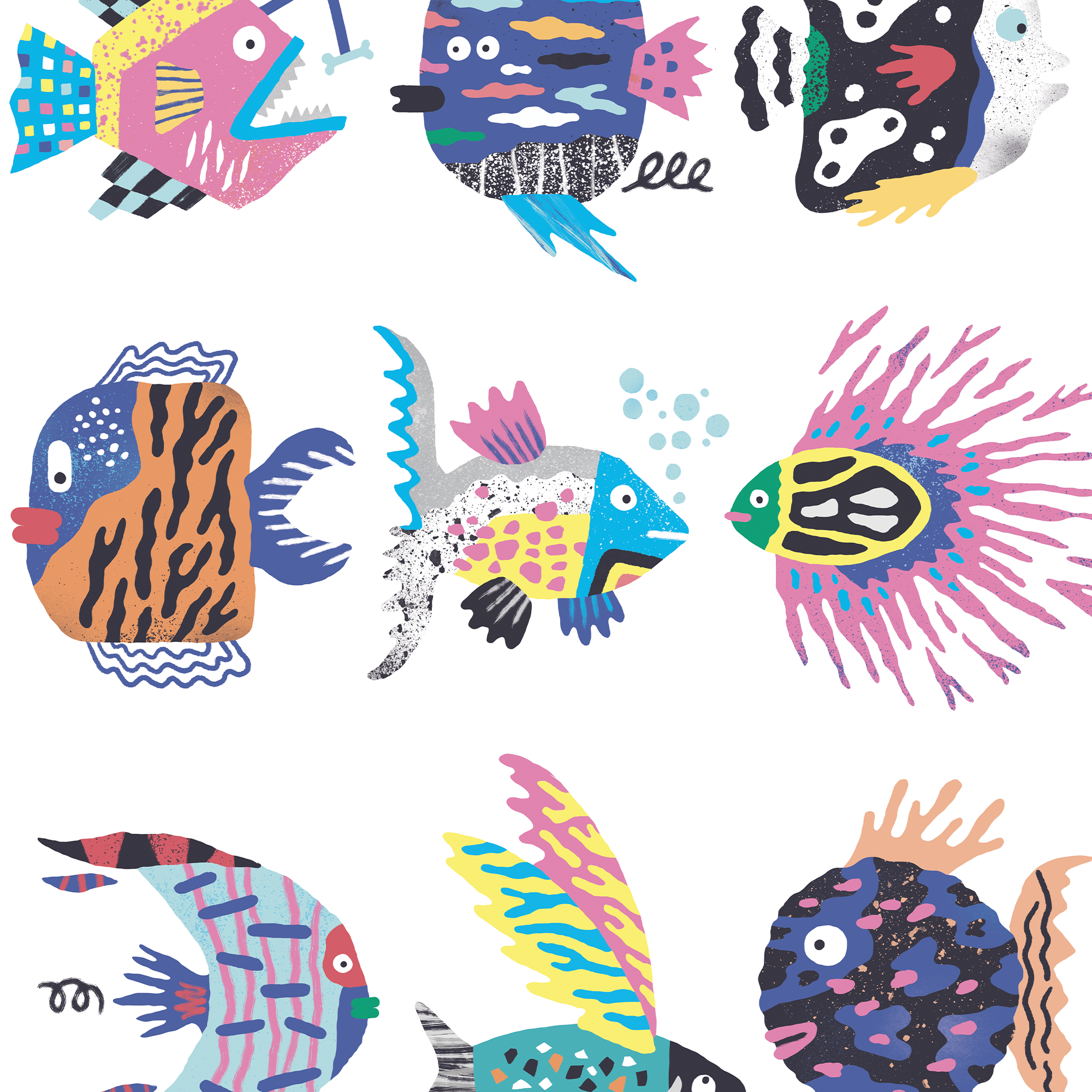 Affiche Weird Fishes par Antoine Corbineau, poissons imaginaires colorés illustrés